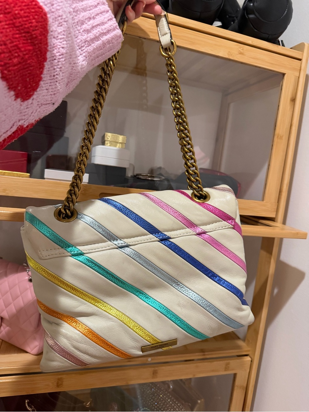 Authentic Kurt Geiger White Quilted Shoulder Bag with Multicolor Stripes - Picture 2 of 5